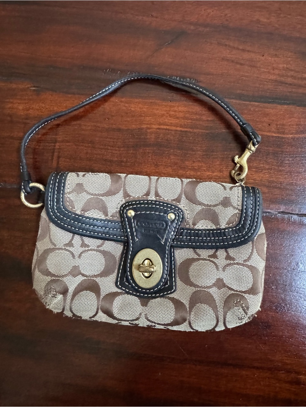 COACH Signature Wristlet Brown Pattern/Black Leather Trim